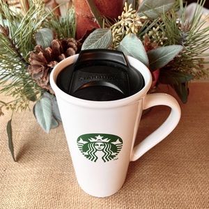 Starbucks•Ceramic Travel Mug•2012•Iconic Green Siren on White Cup•16 oz Capacity